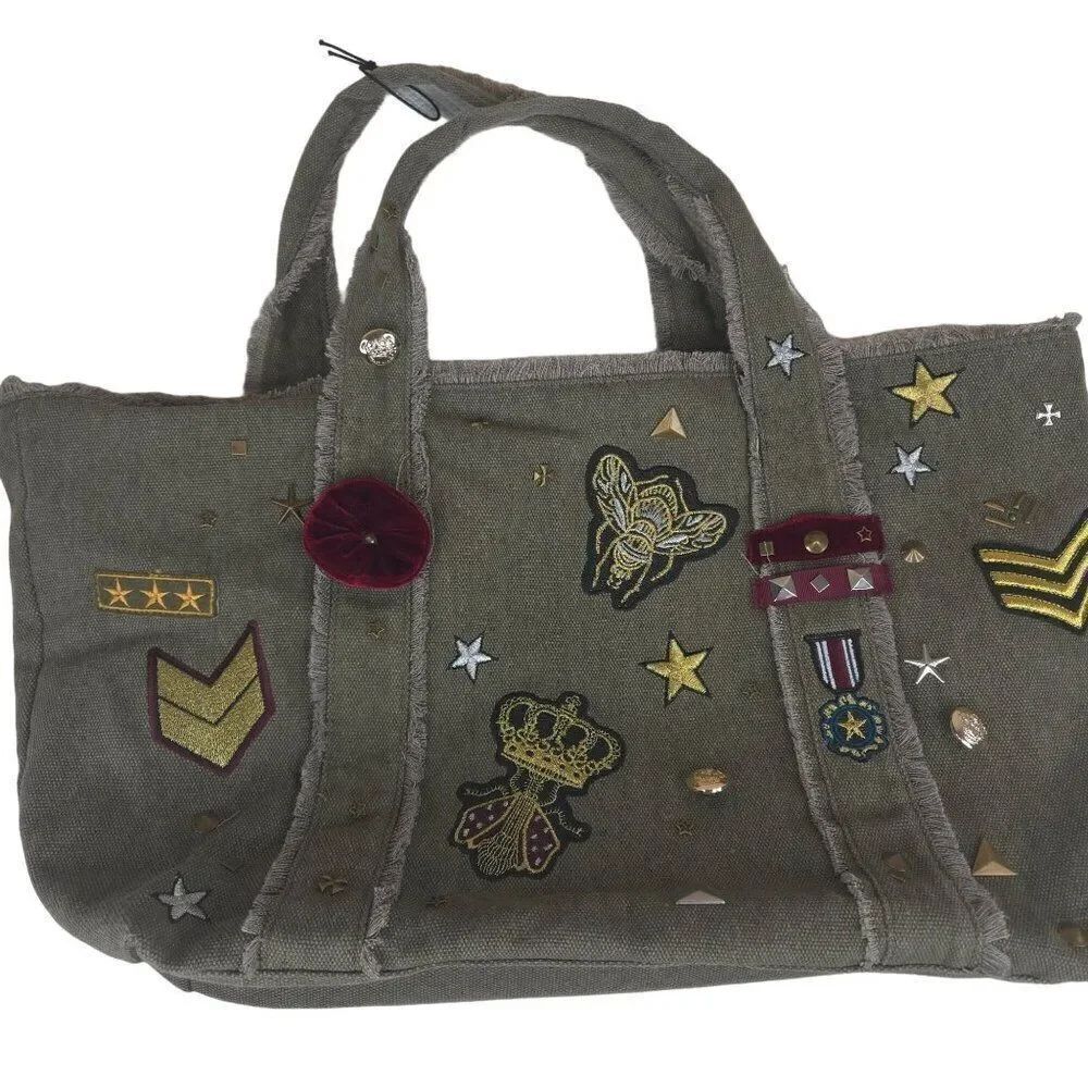 Steve Madden Canvas Military Inspired Tote Bag Patches Green New